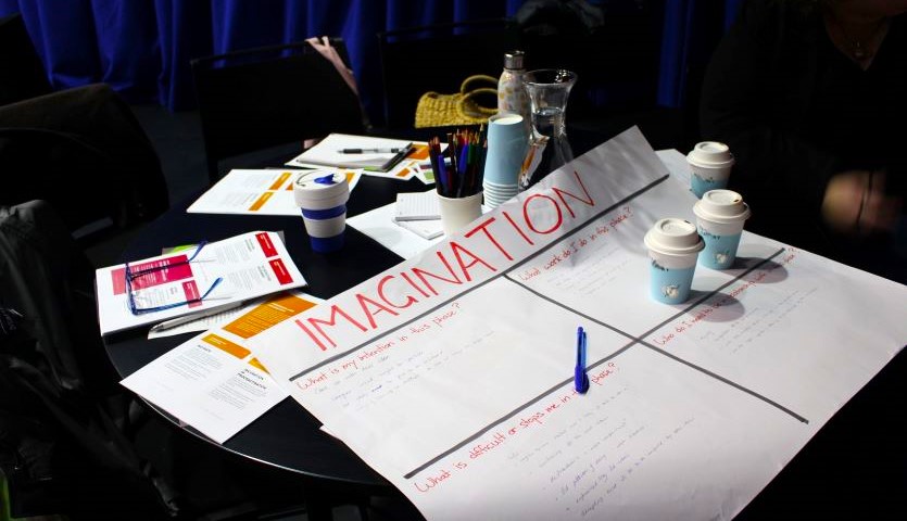 A large piece of paper with "Imagination" written across the top sits on a table cluttered with papers and coffee cups
