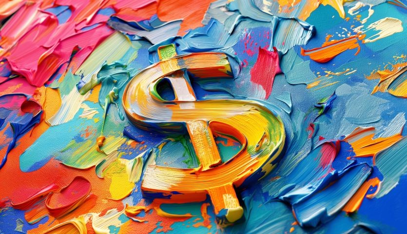 A colourful painted background with layers of paint creating a raised dollar sign