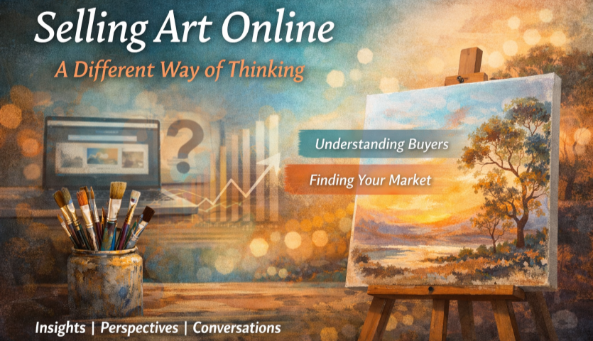 A graphic image with artwork on an easel, paintbrushes in a jar and a computer in the background. Text overlaying the image includes the name of the workshop, and the text "Insights, Perspectives, Conversations"