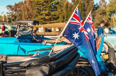 Aussie flag in back of vintage car