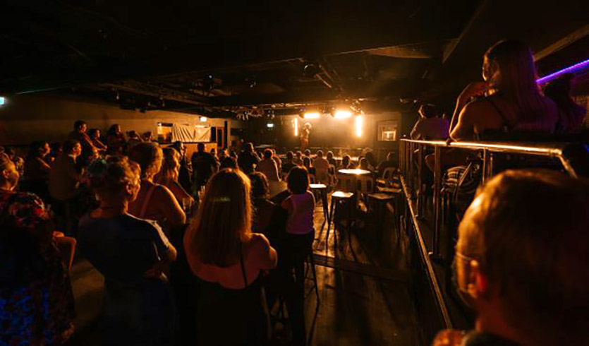 An audience of people watching a performance on stage