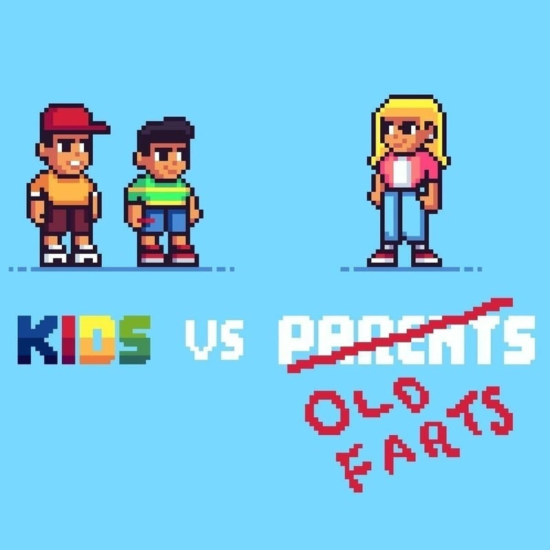 Cartoon image of two male kids and a female adult saying "Kids vs Parents" with "Parents" crossed out and replaced with "Old Farts"