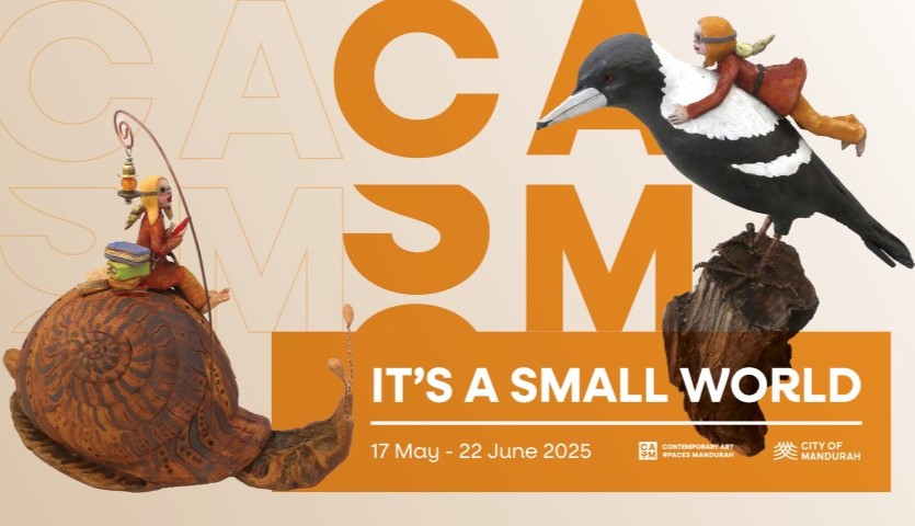 Two small ceramic art pieces - one of a human figure riding a magpie, and another of a human figure riding a snail, are set among an orange graphic of the CASM Gallery logo
