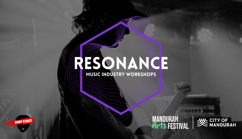 The dark silhouette of a young man wearing cap wearing a cap, playing guitar surrounded by theatre lights, serves as a background to a text graphic that says RESONANCE MUSIC INDUSTRY WORKSHOPS