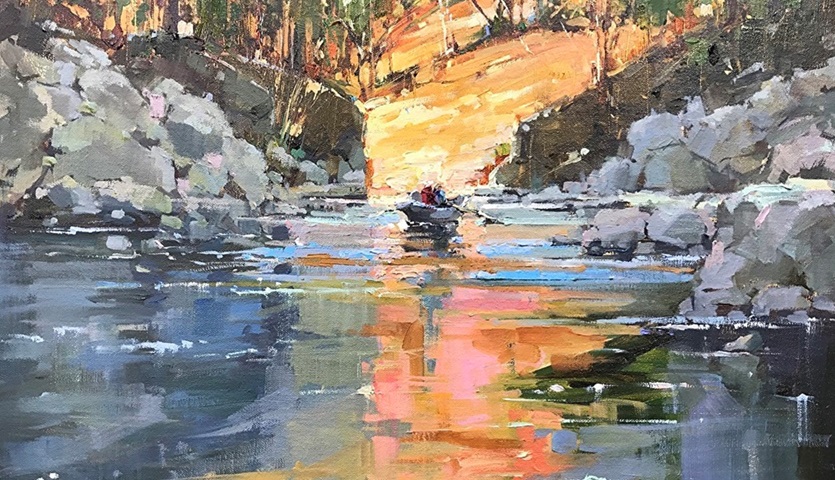 An abstract landscape painting of a river with rocky banks, a yellow and orange surrounding landscape, and two people in a small row boat.