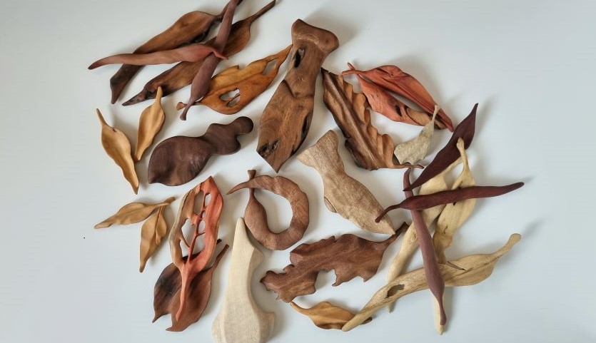 A collection of small carved wooden shapes, in natural brown, beige and orange wood tones, are artfully placed in a cluster against a white background. The shapes are a combination of abstract leaves and female forms.