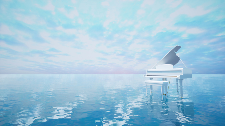 A white grand piano stands on a flat, calm body of water, which reflects the blue and purple of a clouded sky above.