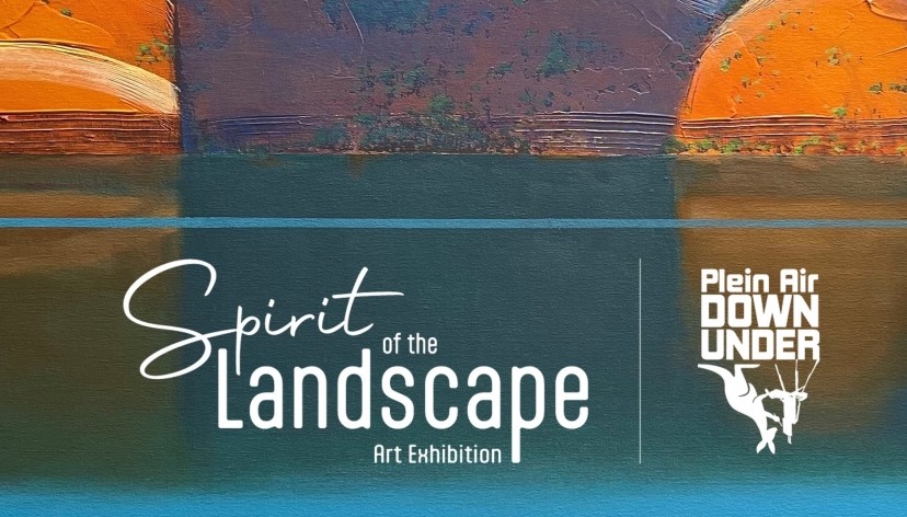 Orange and blue landscape painting with Spirit of the Landscape and Plein Air Down Under logos