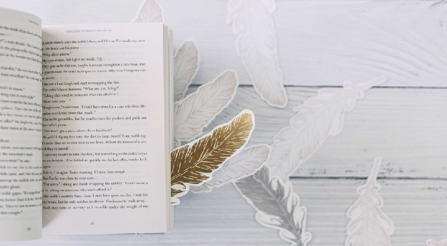 Image of a golden feather sticking out of a book.