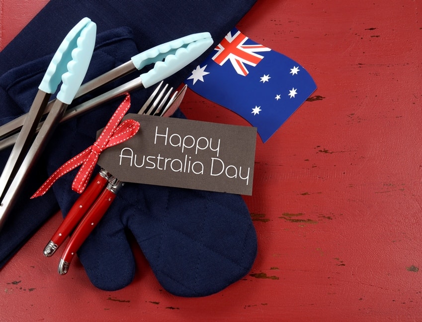 Small Australian flag with BBQ tongs, apron and hand mit