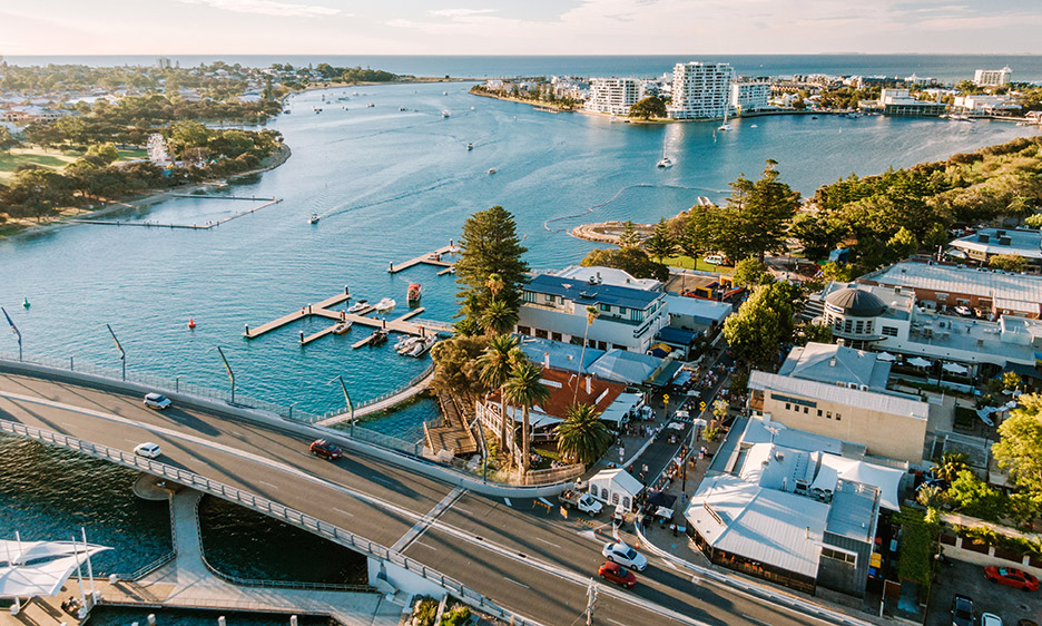 aerial over new Mandurah bridge, including terrace and foreshore