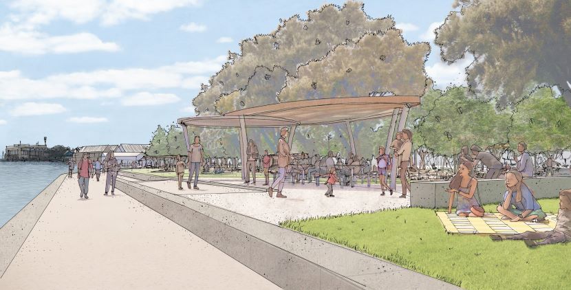 Artist impression of shelter on the foreshore overlooking the water