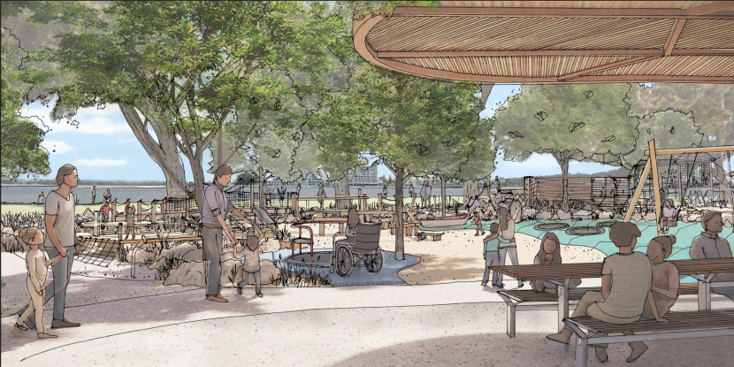 Artist impression of playground, people enjoying the play area