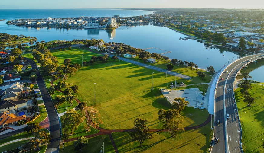 Aerial view of the western foreshore looking over the estuary