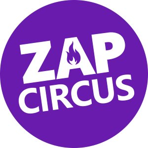 A round purple circle with the words ZAP Circus in white capital letters