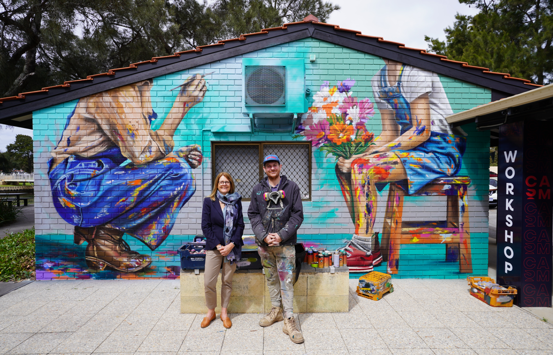Mandurah Mayor Caroline Knight with mural artist Jerome Davenport at the Contemporary Art Spaces Mandurah (CASM) workshop.