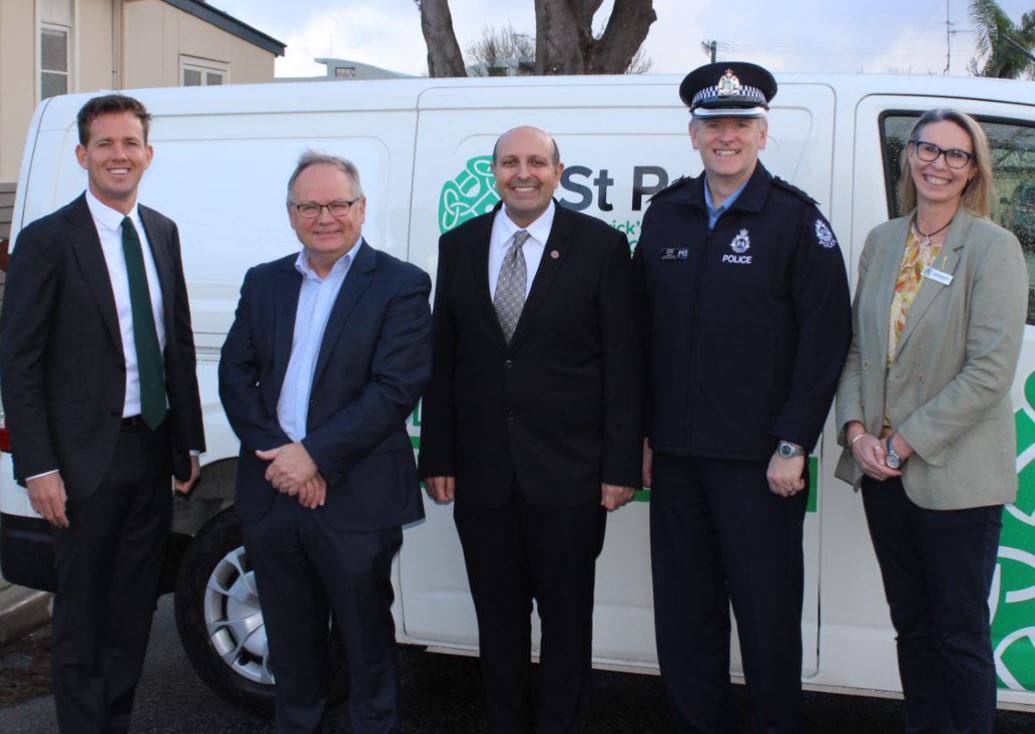 Mayor Rhys Williams, Mandurah MLA David Templeman, St Pat's CEO Michael Piu, Inspector Stuart Mearns (WA Police) and Member for Dawesville Lisa Munday stand side by side at announcement.