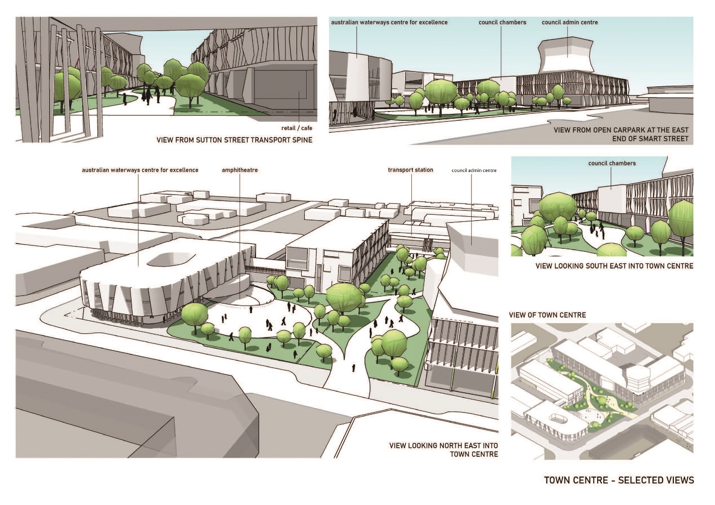 Shows concept drawings for the future of the town centre.