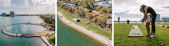 Mandurah's Estuary pool, foreshore with event and women playing putt putt with child