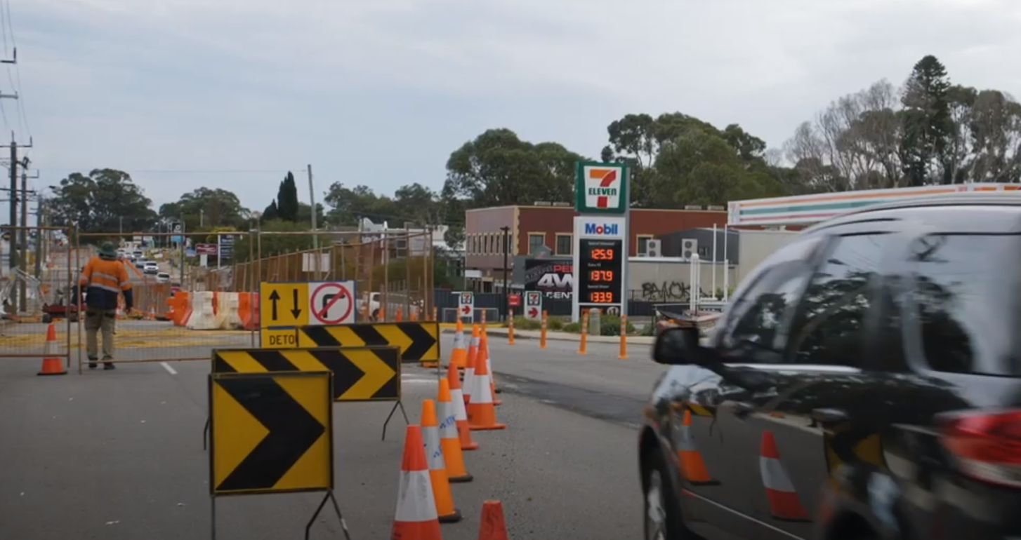 Roadworks and signage denoting construction along Pinjarra Road
