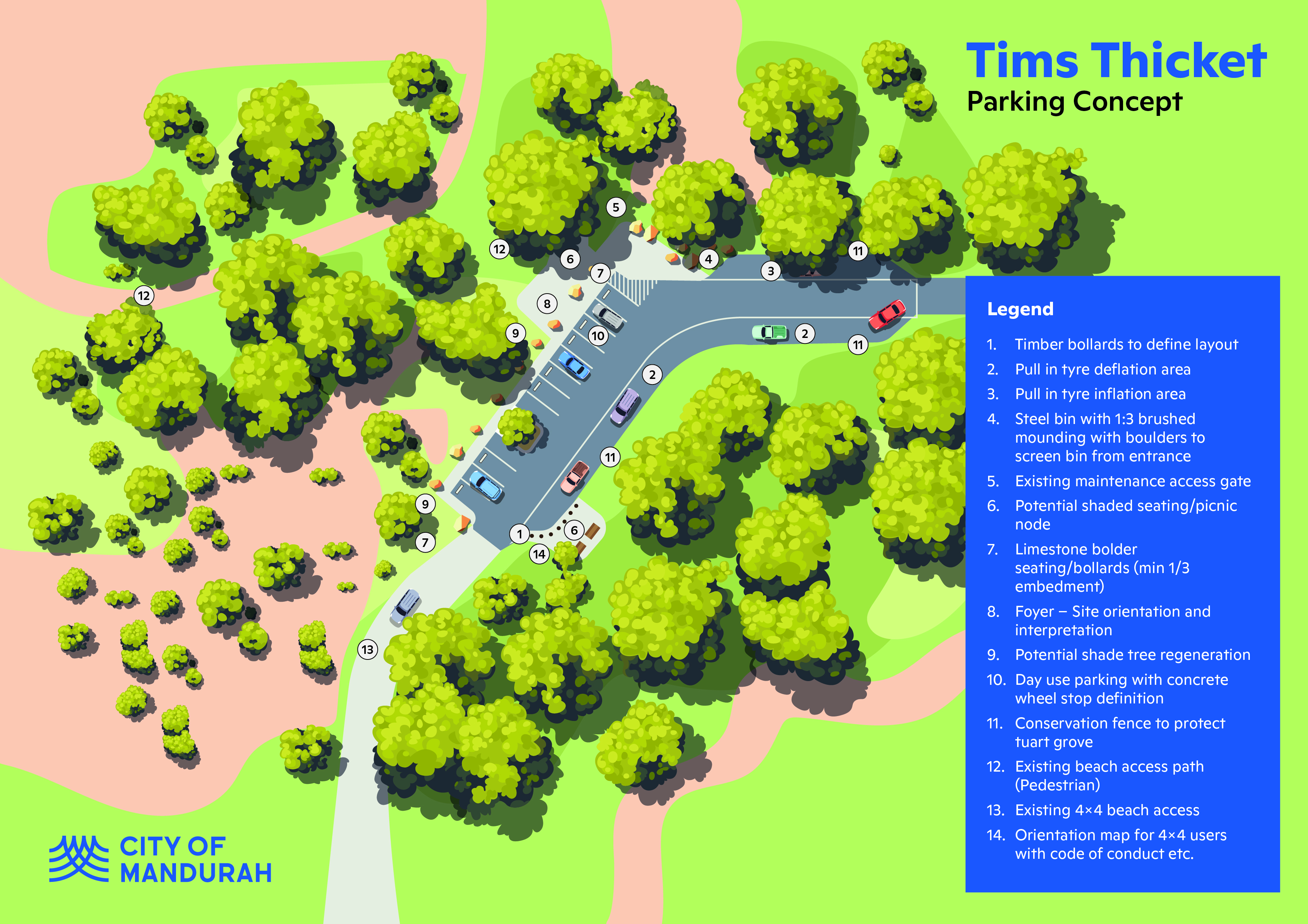 Illustrated map showing carpark at Tims Thicket Road