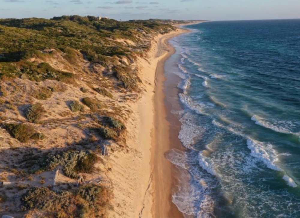 Birds eye view of dunes and ocean at White Hills Beach