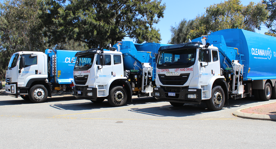 3 blue cleanaway waste trucks 