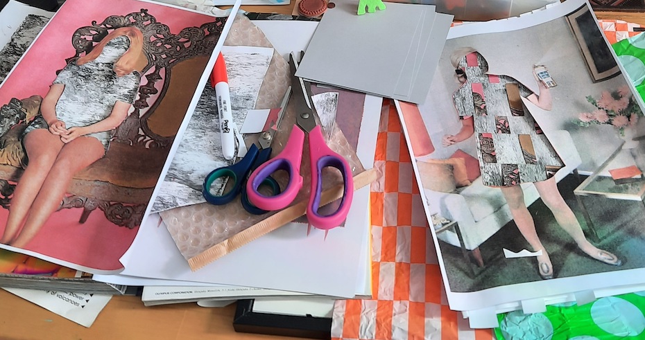 Various collage art in progress on a table