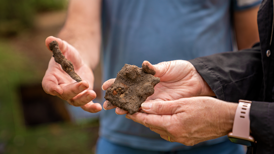 Two people's hands holding artefacts from the Archaeological Dig