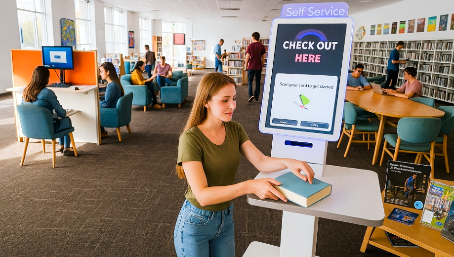 Community member using one of the new library kiosks with other community members in the background looking at books.