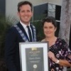 Eleanor Britton and Mayor Rhys Williams with Local Legend certificate