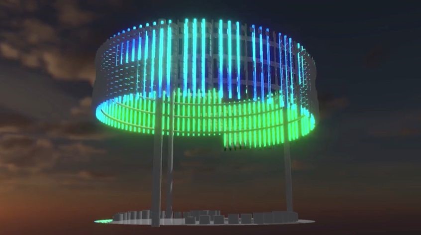 Artist's impression of meeting place artwork, a raised cylinder with blue and green lighting.