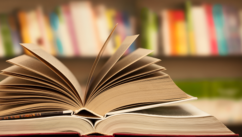 Two books lying open with more books on a shelf in the background
