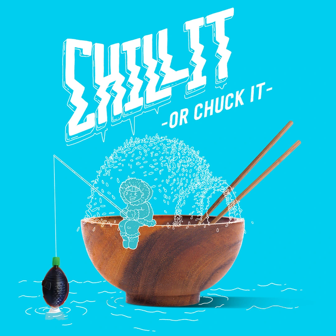 A wooden bowl with chopsticks on a bright blue background, with illustrated icy effects and text that says “Chill it – or chuck it.”