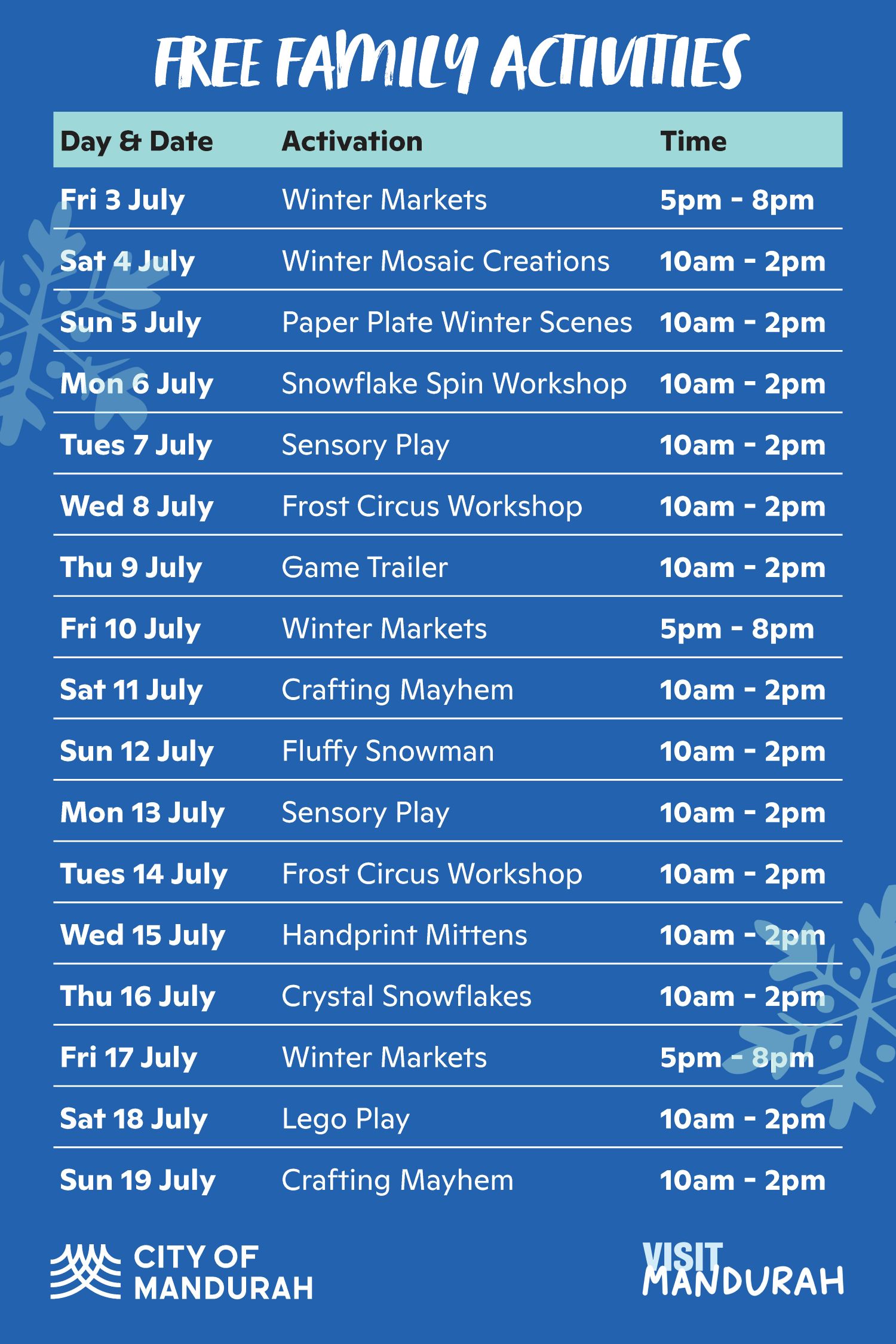 Winter In Mandurah Activities Schedule